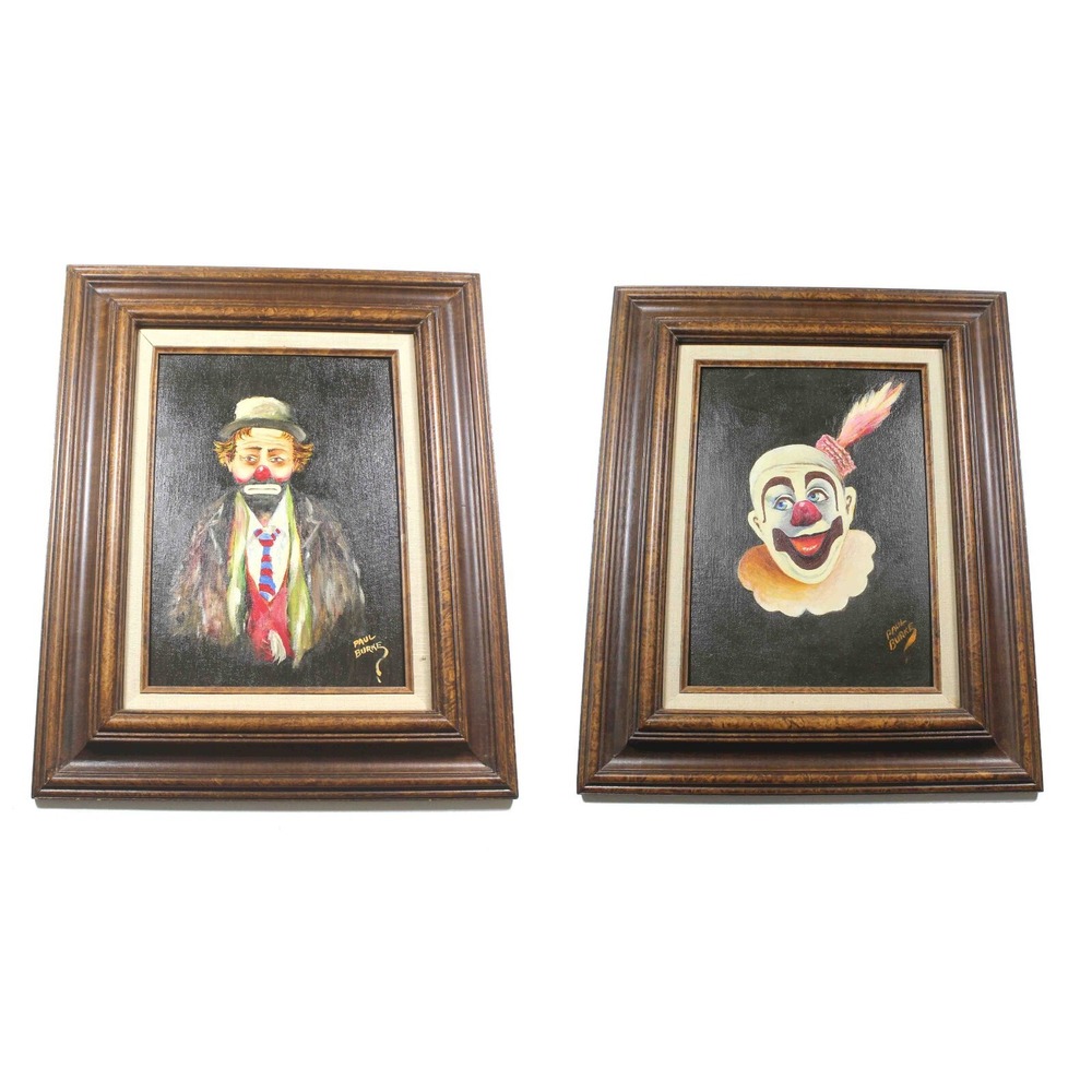 Lot of 2 Vintage 60's Paul Burke Signed Framed Oil Paintings Clown Emmett Kelly